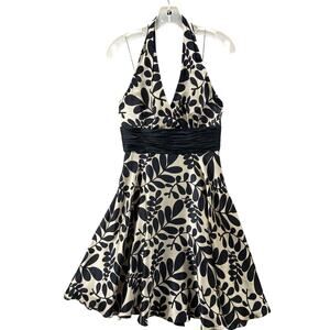 MAGGY LONDON Petite‎ 8P Dress Womens Halter Black White Floral 100% Silk Lined
